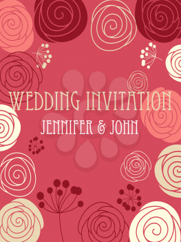 Wedding invitation card template with a stylized floral red, white and beige border over a pink background
