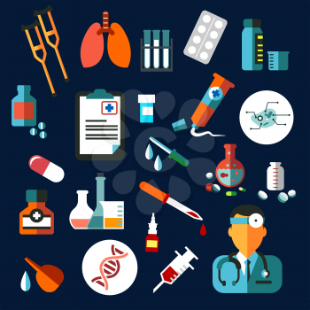 Medical flat icons with medication and diagnostics as drugs, pills, DNA, syringe, blood, doctor, tubes, flasks and prescription
