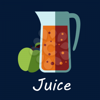 Natural juice icon design with apple juice in glass jug and fresh green fruit with leaf on dark blue background