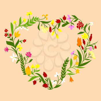 Floral heart shaped frame design with spring wildflowers wreath interwoven with gentle lilies of the valley, daisies, roses and blooming herbs on dark peach background