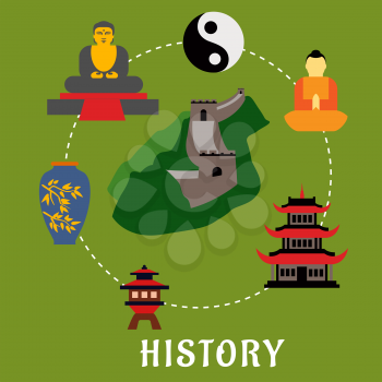 Chinese historical landmarks and religion icons in flat style showing top view of Great Wall of China encircled by symbol of harmony yin yang, buddhist monk, ancient temple, antique porcelain vase and