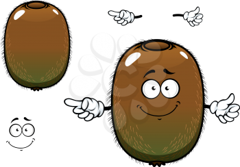 Ripe kiwi fruit cartoon character with greenish brown fuzzy skin and pointing hand gesture, for agriculture or fresh food design