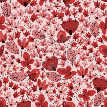 Retro wildflowers seamless pattern background in pastel shades of red and pink colors with field of flowers with oval leaves, for interior or textile design