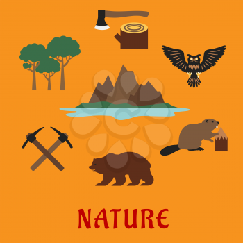 Canadian nature and travel concept showing famous nature symbols rocky mountains of the Valley of the ten peaks and Moraine lake, trees, axe on stump, owl, beaver, bear and crossed picks