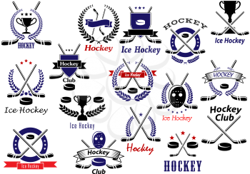 Ice hockey sport game emblems and badges with hockey pucks, sticks, protective masks and trophies, heraldic shields, wreaths, ribbon banners and stars