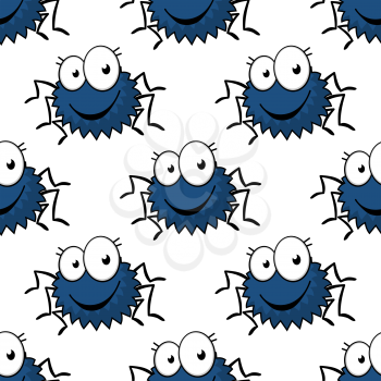 Cute cartoon spiders seamless pattern with blue fluffy bodies and googly eyes on white background for Halloween party or interior design