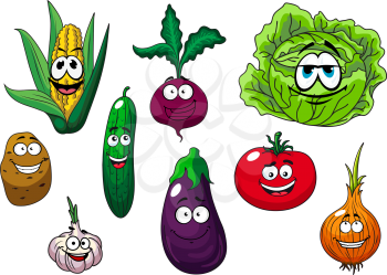 Corn cob, potato, cucumber, tomato, onion, eggplant, garlic, cabbage and beet cartoon vegetables characters for healthy food or agriculture design