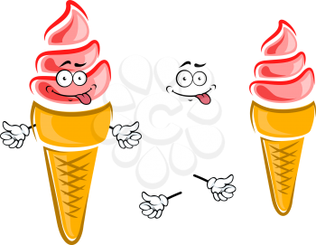 Sweet strawberry ice cream cone cartoon character with crunchy sugar cone and happy smile for snack or childish menu design