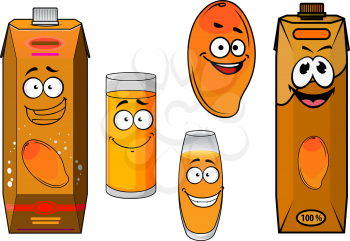 Funny sweet mango fruit and juice cartoon characters with tropical orange mango fruit, glasses and cardboard packs of natural juice for food pack design