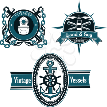 Vintage nautical emblems or badges with anchors, helm, diving helmet, crossed spyglasses and lighthouse framed by porthole and rope with ribbon banners, compass rose and chains