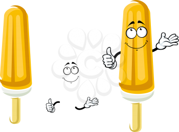 Happy orange popsicle cartoon character on wooden stick with vanilla ice cream covered by fruity ice for snack food design