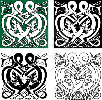 Mythical totem animal celtic ornaments with fighting dragons, decorated by tribal elements and traditional knot tracery for art, tattoo or heraldry design