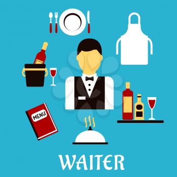 Waiter profession flat concept with man in uniform, bow tie encircled by menu book, apron, tray with bottles and glass, champagne in ice bucket, plate with fork, knife and spoon, silver cloche