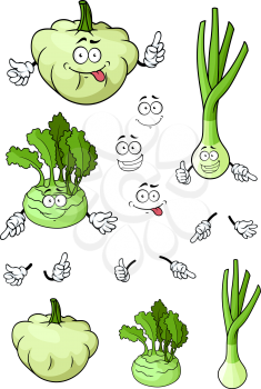 Healthy organic green onion, pattypan squash, kohlrabi cabbage vegetables cartoon characters with funny faces isolated on white background