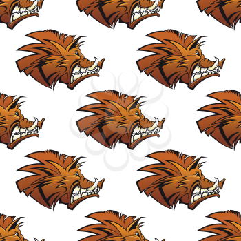 Wild forest boars seamless pattern with brown bristle and bared tusks for hunting design