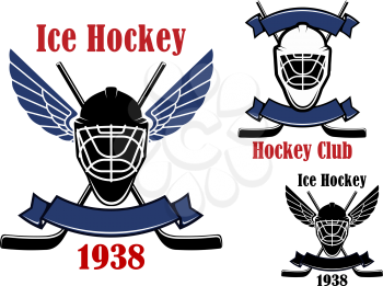 Ice hockey club or team emblems design with crossed hockey sticks, winged goalie masks, supplemented by blank ribbon banners