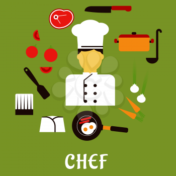 Chef profession flat concept with man in uniform surrounded by fresh tomatoes, onions and carrots, pan with eggs and bacon, knife, saucepan with ladle, meat steak, chef hats and spatula