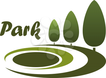 Public park landscape design abstract symbol or emblem with green grass lawns, row of high trees and caption Park
