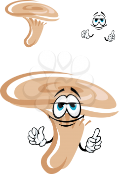 Funny orange saffron milk cap mushroom cartoon character with circles on the vase shaped cap for vegetarian or healthy nutrition design