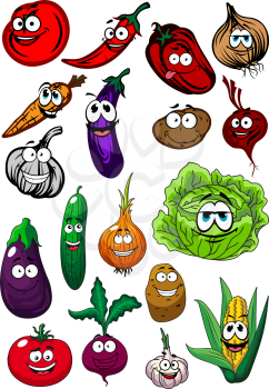 Fresh funny farm tomato, corn cob, cucumber, onion, potato, cabbage, garlic, eggplant, beet, carrot, chili and bell peppers vegetables cartoon characters