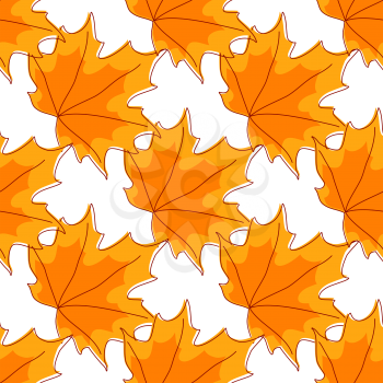 Autumnal seamless pattern of bright orange maple leaves on white background