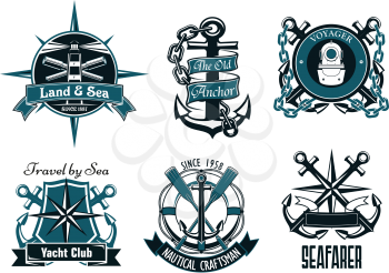 Retro nautical heraldic emblems and badges with marine anchors, compasses, paddles, lighthouse, spy glasses and vintage diving helmet framed by shield, lifebuoy, ribbon banners and chains