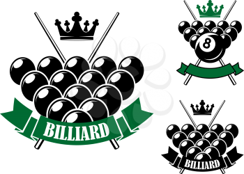 Billiards or pool icons design with billiard balls in starting position, crossed cues on the background, crowns and ribbon banners