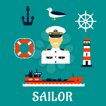 Sailor professionconcept with moustached captain in white uniform with helm, ship, anchor, lifebuoy, lighthouse and seagull icons. Flat style