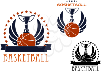 Basketball competition emblems and icons design with trophy cups standing on winged basketball balls, framed by stars and blank ribbon banners. Isolated on white background