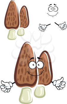 Cartoon fresh brown morel mushroom character with wrinkled cap and smiling face isolated on white