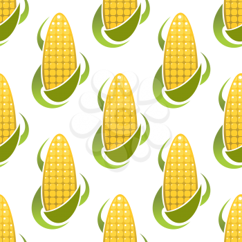 Golden corn seamless pattern with cobs of sweet corn vegetables on white background for agriculture design