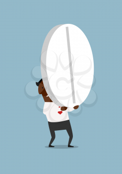 Tired afro american businessman carrying a huge round pill, for healthcare or medication concept design. Cartoon style