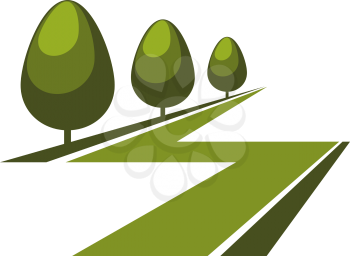 Abstract alley symbol or icon with green lawns and row of trimmed trees, isolated on white background