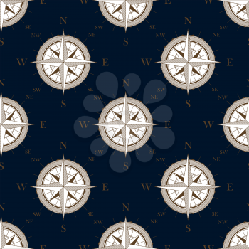 Vintage compass seamless pattern with bronze direction marks on dark blue background, for travel concept