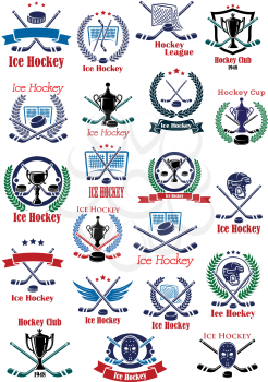 Ice hockey game icons and emblems with hockey sticks, pucks, goalie masks, helmets, trophy cups, gates. Supplemented by wings, stars, wreaths, shield and ribbon banners