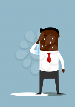 Sad crying african american businessman standing in a pool of his tears. For depression or negative emotions concept design, cartoon flat style
