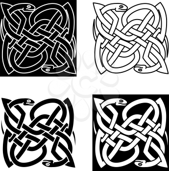Celtic reptiles with tangled snakes, arranged in traditional knot pattern, for tattoo or art design