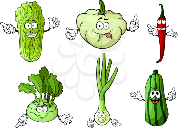 Fresh cartoon green onion, chili pepper, chinese and kohlrabi cabbage, pattypan squash and zucchini vegetables  for organic or vegetarian food design