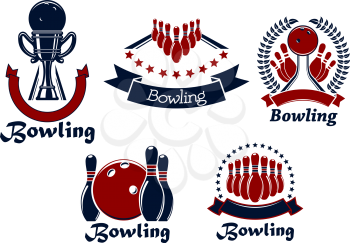 Bowling game icons with balls, ninepins and trophy cup on lanes adorned by stars, wreath and ribbon banners