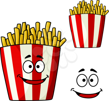 French fries cartoon character in striped takeaway box with funny face, for fast food menu design
