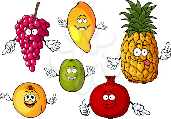 Happy fresh pineapple, mango, grape, kiwi, peach and pomegranate fruits cartoon characters isolated on white background