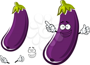 Happy healthy long curved purple eggplant or aubergine vegetable cartoon character isolated on white background, for agriculture or cooking food design