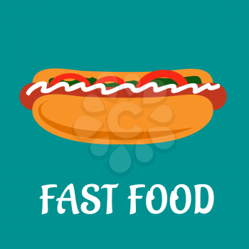 Fast food hotdog with wheat bun, sausage, sliced sweet red bell pepper and tomato, lettuce leaf and mayonnaise on background with caption Fast food