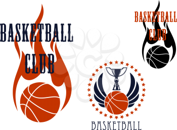 Basketball club icons with trophy cup standing on winged basketball ball encircled by stars, and flaming ball with fire in tribal style