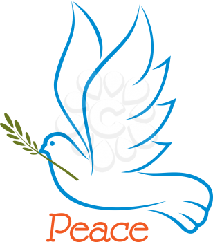 Flying dove of peace with olive branch and raised wings in outline sketch style isolated on white background