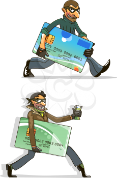 Thieves or hackers cartoon characters with men in black masks and gloves, with stolen credit cards and money. For criminal or internet fraud concept design