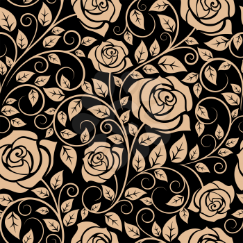 Lush blooming roses seamless pattern with flowers, heavy foliage and twisted branches on black background 