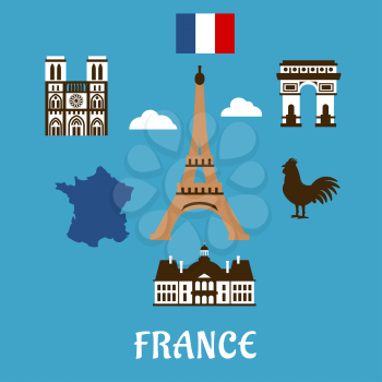 France travel symbols with Eiffel Tower surrounded by famous landmarks as Triumphal Arch, Notre Dame cathedral, national map, flag and gallic rooster on blue background with caption France
