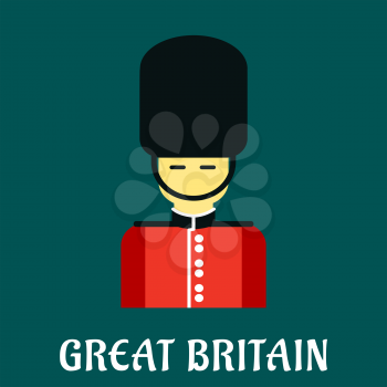 Great Britain symbol with Queen guard soldier in uniform of red tunic and bearskin. Flat style