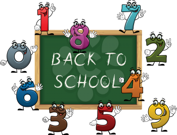 Back to school chalk text on green blackboard surrounded by cartoon colorful number characters with funny faces, for education design